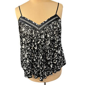 BeBe Black Floral Print Embellished Silk Tank Top, Size L